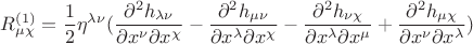 $$R^{(1)}_{\mu\chi}=\frac{1}{2}\eta^{\lambda\nu}(\frac{\partial^2h_{\lambda\nu}}{\partial{x^{\nu}}\partial{x^{\chi}}}-\frac{\partial^2h_{\mu\nu}}{\partial{x^{\lambda}}\partial{x^{\chi}}} - \frac{\partial^2h_{\nu\chi}}{\partial{x^{\lambda}}\partial{x^{\mu}}}+\frac{\partial^2h_{\mu\chi}}{\partial{x^{\nu}}\partial{x^{\lambda}}})$$