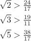 $\begin{array}{l}\sqrt {2}>\frac{24}{17}\\[1ex]\sqrt {3}>\frac{19}{11}\\[1ex]\sqrt {5}>\frac{38}{17}\end{array}$