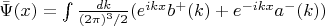 $\bar{\Psi}(x)=\int\limits \frac{dk}{(2\pi)^3/2}(e^{ikx}b^+(k)+e^{-ikx}a^-(k))$