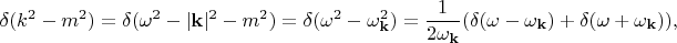 $$\delta(k^2-m^2)=\delta (\omega^2-|\mathbf{k}|^2-m^2)=\delta(\omega^2-\omega_{\mathbf{k}}^2)=\frac{1}{2\omega_{\mathbf{k}}}(\delta(\omega-\omega_{\mathbf{k}})+\delta(\omega+\omega_{\mathbf{k}})),$$