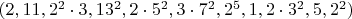 $(2, 11, 2^2 \cdot 3, 13^2, 2 \cdot 5^2, 3 \cdot 7^2, 2^5, 1, 2 \cdot 3^2, 5, 2^2)$