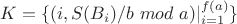$K=\{(i,S(B_i)/b\ mod\ a)|_{i=1}^{f(a)}\}$