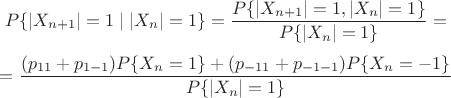 $$P\{|X_{n+1}|=1 \mid |X_n|=1\}=\frac{P\{|X_{n+1}|=1 ,|X_n|=1\}}{P\{ |X_n|=1\}}=$$
$$= \frac{ (p_{11}+p_{1-1}) P\{X_n=1\} + (p_{-11}+p_{-1-1})P\{X_n=-1\} } {P\{ |X_n|=1\}} $$