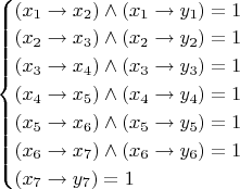 $\begin{cases}
(x_1\to x_2)\wedge(x_1\to y_1)=1\\
(x_2\to x_3)\wedge(x_2\to y_2)=1\\
(x_3\to x_4)\wedge(x_3\to y_3)=1\\
(x_4\to x_5)\wedge(x_4\to y_4)=1\\
(x_5\to x_6)\wedge(x_5\to y_5)=1\\
(x_6\to x_7)\wedge(x_6\to y_6)=1\\
(x_7\to y_7)=1
\end{cases}