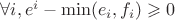 $\forall i, e^i - \min(e_i, f_i) \geqslant 0$