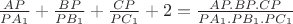 $\frac{AP}{PA_1}+\frac{BP}{PB_1}+\frac{CP}{PC_1}+2=\frac{AP.BP.CP}{PA_1.PB_1.PC_1}$