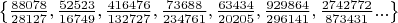 $\left \{ \frac{88078}{28127},\frac{52523}{16749},\frac{416476}{132727},\frac{73688}{234761},\frac{63434}{20205},\frac{929864}{296141},\frac{2742772}{873431} ...\right \}$