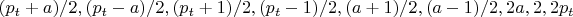 $(p_t+a)/2 ,(p_t-a)/2 ,(p_t+1)/2 ,(p_t-1)/2 ,(a+1)/2 ,(a-1)/2 , 2a ,2 , 2p_t$
