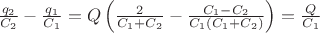 $\frac{q_2}{C_2}-\frac{q_1}{C_1}=Q\left(\frac{2}{C_1+C_2}-\frac{C_1-C_2}{C_1(C_1+C_2)}\right)=\frac{Q}{C_1}$