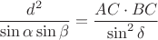 $$
\frac{d^2}{\sin \alpha \sin \beta} = \frac{AC \cdot BC}{\sin^2 \delta}
$$