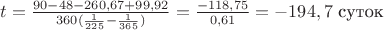 $t=\frac{90&deg;-48&deg;-260,67&deg;+99,92&deg;}{360&deg;(\frac{1}{225}-\frac{1}{365})}=\frac{-118,75}{0,61}=-194,7 \text{ суток}$