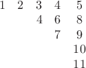 $\[
\begin{array}{*{20}c}
   1 & 2 & 3 & 4 & 5  \\
   {} & {} & 4 & 6 & 8  \\
   {} & {} & {} & 7 & 9  \\
   {} & {} & {} & {} & {10}  \\
   {} & {} & {} & {} & {11}  \\

 \end{array} 
\]
$