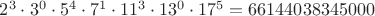 $2^3\cdot3^0\cdot5^4\cdot7^1\cdot11^3\cdot13^0\cdot17^5=66144038345000$