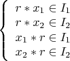 $
\left\{ \begin{array}{l}
r*x_1 \in I_1\\
r*x_2 \in I_2\\
x_1*r \in I_1\\
x_2*r \in I_2\\
\end{array} \right.
$