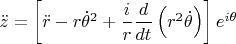 $\ddot z = \left[ {\ddot r - r\dot \theta ^2  + \dfrac{i}{r}\dfrac{d}{{dt}}\left( {r^2 \dot \theta } \right)} \right]e^{i\theta }$