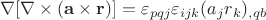 $\nabla[\nabla\times(\mathbf a\times \mathbf r)]=\varepsilon_{pqj}\varepsilon_{ijk}(a_j r_k)_{,qb}$