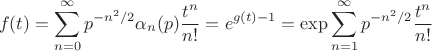 $$f(t) = \sum_{n=0}^{\infty} p^{-n^2/2} \alpha_n(p) \frac{t^n}{n!} = e^{g(t)-1} = \exp \sum_{n=1}^\infty p^{-n^2/2}\frac{t^n}{n!}$$