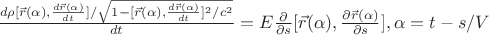$\frac{d \rho [\vec r(\alpha),\frac{d \vec r(\alpha)}{dt}]/\sqrt{1-[\vec r(\alpha),\frac{d \vec r(\alpha)}{dt}]^2/c^2}}{dt}=E\frac{\partial }{\partial s}[\vec r(\alpha),\frac{\partial \vec r(\alpha)}{\partial s}], \alpha=t-s/V$