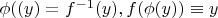 $\phi((y)=f^{-1}(y), f(\phi(y))\equiv y$