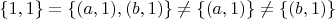 $\{1,1\}=\{(a,1),(b,1)\}\neq\{(a,1)\}\neq\{(b,1)\}$