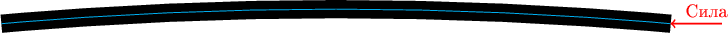 \begin{tikzpicture}
\draw [line width=10] (0,0) arc (85:95:75);
\draw [cyan] (0,0) arc (85:95:75);
\draw[red, thick,->] (1,0)--(0,0) node[above]{\qquad \qquad Сила};
\end{tikzpicture}