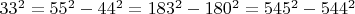 $33^2=55^2-44^2 =183^2-180^2=545^2-544^2$