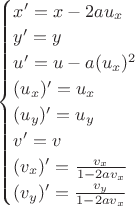 $
\begin{cases}
x' = x - 2au_x\\
y' = y\\
u' = u - a(u_x)^2\\
(u_x)' = u_x\\
(u_y)' = u_y\\
v' = v\\
(v_x)' = \frac {v_x}{1 - 2av_x}\\
(v_y)' = \frac {v_y}{1 - 2av_x}
\end{cases}
$$
$