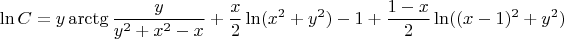 $$\ln C=y\arctg{\frac y {y^2+x^2-x}}+\frac x 2 \ln(x^2+y^2)-1+\frac {1-x}{2}\ln((x-1)^2+y^2)$$
