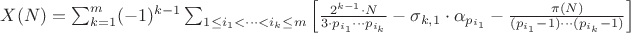$X(N) = \sum_{k=1}^{m} (-1)^{k-1} \sum_{1 \leq i_1 < \cdots < i_k \leq m} \left[ \frac{2^{k-1} \cdot N}{3 \cdot p_{i_1} \cdots p_{i_k}} - \sigma_{k,1} \cdot \alpha_{p_{i_1}} - \frac{\pi(N)}{(p_{i_1}-1) \cdots (p_{i_k}-1)} \right]$
