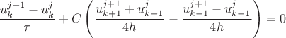 \dfrac{u^{j+1}_k - u^j_k}{\tau} + C\left(\frac{u^{j+1}_{k+1} + u^j_{k+1}}{4h} - \frac{u^{j+1}_{k-1} - u^j_{k-1}}{4h \right) = 0}