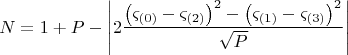 $$
N = 1 + P - \left| {2\frac{{\left( {\varsigma _{\left( 0 \right)}  - \varsigma _{\left( 2 \right)} } \right)^2  - \left( {\varsigma _{\left( 1 \right)}  - \varsigma _{\left( 3 \right)} } \right)^2 }}{{\sqrt P }}} \right|
$