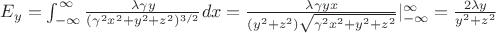 $E_y = \int_{-\infty}^{\infty} \frac{\lambda\gamma y}{(\gamma^2 x^2 + y^2 + z^2)^{3/2}} dx = \frac{\lambda \gamma y x}{(y^2 + z^2)\sqrt{\gamma^2 x^2 + y^2 + z^2}}|_{-\infty}^{\infty} = \frac{2\lambda y}{y^2 + z^2}$