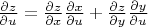 $\frac{\partial z}{\partial u}=\frac{\partial z}{\partial x}\frac{\partial x}{\partial u}+ \frac{\partial z}{\partial y}\frac{\partial y}{\partial u}$