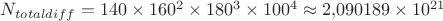$N_{totaldiff} = 140 \times 160^2 \times 180^3 \times 100^4 \approx 2{,}090189 \times 10^{21}$ $N_{totaldiff} = 140 \times 160^2 \times 180^3 \times 100^4 \approx 2{,}090189 \times 10^{21}$