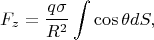$$F_z=\frac{q\sigma}{R^2}\int \cos\theta dS,$$