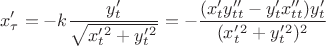 $$
x'_\tau=-k\frac{y'_t}{\sqrt{x'_t^2+y'_t^2}}=-\frac{(x'_ty''_{tt}-y'_tx''_{tt})y'_t}{(x'_t^2+y'_t^2)^2}
$$
