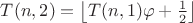 $T(n,2)=\left\lfloor T(n,1)\varphi+\frac{1}{2}\right\rfloor$