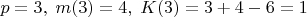 $p=3,\;m(3)=4,\;K(3)=3+4-6=1$