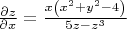 $\frac{\partial z}{\partial x}=\frac{x \left(x^2+y^2-4\right)}{5 z-z^3}$