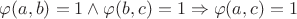 $\varphi(a, b) = 1 \wedge \varphi(b, c) = 1 \Rightarrow \varphi(a, c) = 1$