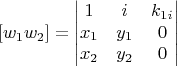$$
[w_1w_2] =  \begin{vmatrix}
1 & i & k_{1i}\\
x_1& y_1 & 0 \\
x_2& y_2 & 0 
\end{vmatrix} $$
