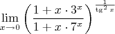 $$\lim\limits_{x \to 0}{\left(\frac{1+x\cdot 3^x}{1+x\cdot 7^x}\right)}^\frac{1}{\tg^2x}$$