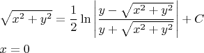 \[
\begin{gathered}
  \sqrt {x^2  + y^2 }  = \frac{1}
{2}\ln \left| {\frac{{y - \sqrt {x^2  + y^2 } }}
{{y + \sqrt {x^2  + y^2 } }}} \right| + C \hfill \\
  x = 0 \hfill \\ 
\end{gathered} 
\]