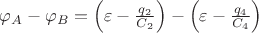$\varphi _{A}-\varphi _{B}=\left ( \varepsilon -\frac{q_2}{C_2} \right )-\left ( \varepsilon -\frac{q_4}{C_4} \right )$