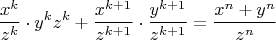 $$\frac {x^k}{z^k}\cdot {y^k}{z^k}+\frac {x^{k+1}}{z^{k+1}}\cdot \frac {y^{k+1}}{z^{k+1}}=\frac {x^n+y^n}{z^n}$$