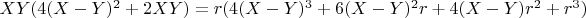 $X  Y  (4  (X-Y)^2 + 2  X  Y) = r  (4  (X-Y)^3 +
 6  (X-Y)^2   r + 4  (X-Y)  r^2 + r^3)$