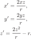 \begin{gather*} 
x' = \frac{2xz}r, \\ 
y' = \frac{2yz}r, \\ 
z' = \frac{2z^2}r - r. 
\end{gather*}