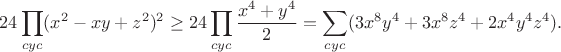 $$24\prod_{cyc}(x^2-xy+z^2)^2\geq24\prod_{cyc}{\frac{x^4+y^4}{2}=\sum_{cyc}(3x^8y^4+3x^8z^4+2x^4y^4z^4).$$