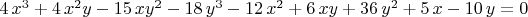 $4\,{x}^{3}+4\,{x}^{2}y-15\,x{y}^{2}-18\,{y}^{3}-12\,{x}^{2}+6\,xy+36\,{y}^{2}+5\,x-10\,y=0$