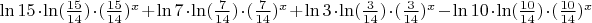$\ln15\cdot\ln(\frac{15}{14})\cdot(\frac{15}{14})^x+\ln7\cdot\ln(\frac{7}{14})\cdot(\frac{7}{14})^x+\ln3\cdot\ln(\frac3{14})\cdot(\frac3{14})^x-\ln10\cdot\ln(\frac{10}{14})\cdot(\frac{10}{14})^x$